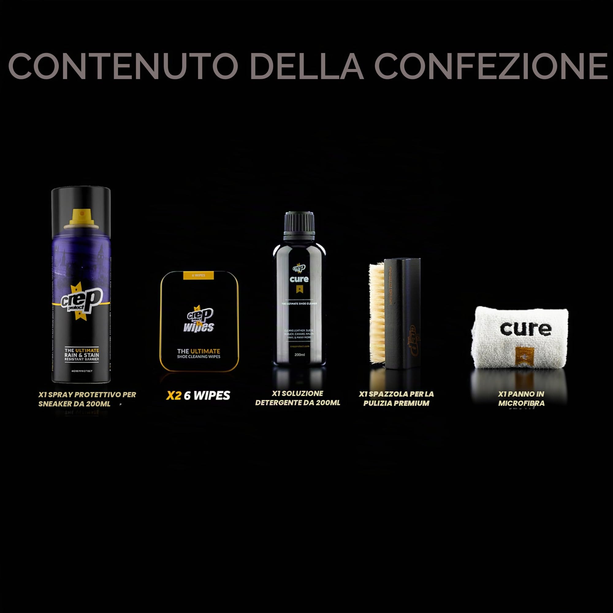 Crep Protect Il pacchetto regalo definitivo per la cura delle scarpe - Detergente per scarpe da ginnastica - Salviette per la pulizia rapida - Panni Premium Bush e in microfibra
