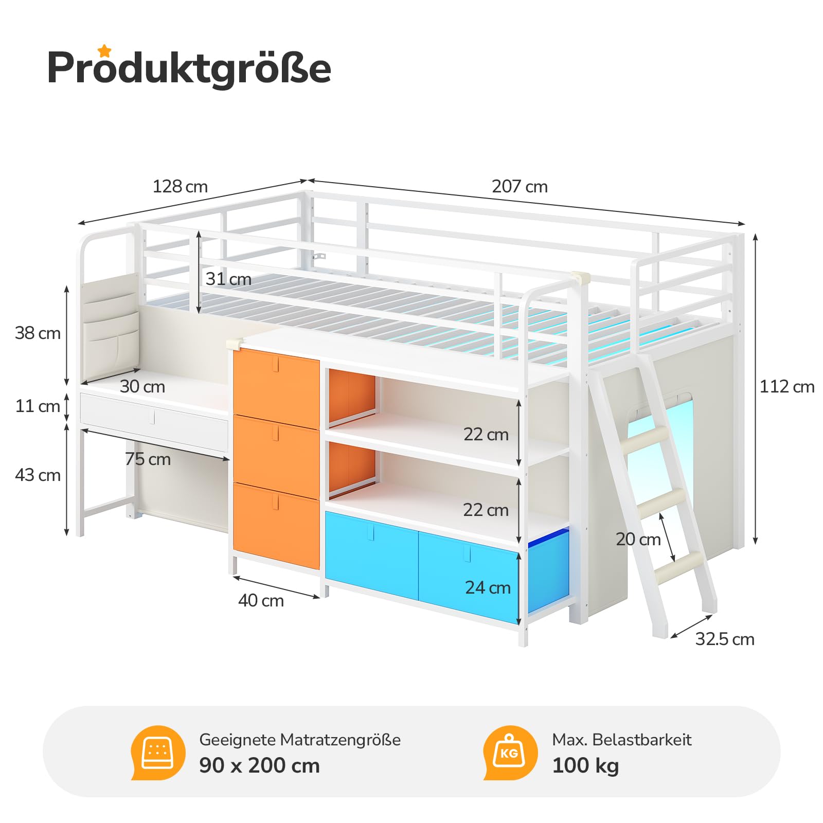 Kinderhochbett 90x200,Weiß+Gelb+Blau | LED-Licht, Schreibtisch, Stauraum, Spielhöhle. 4-in-1: Schlafen, Lernen, Stauraum, Spielen
