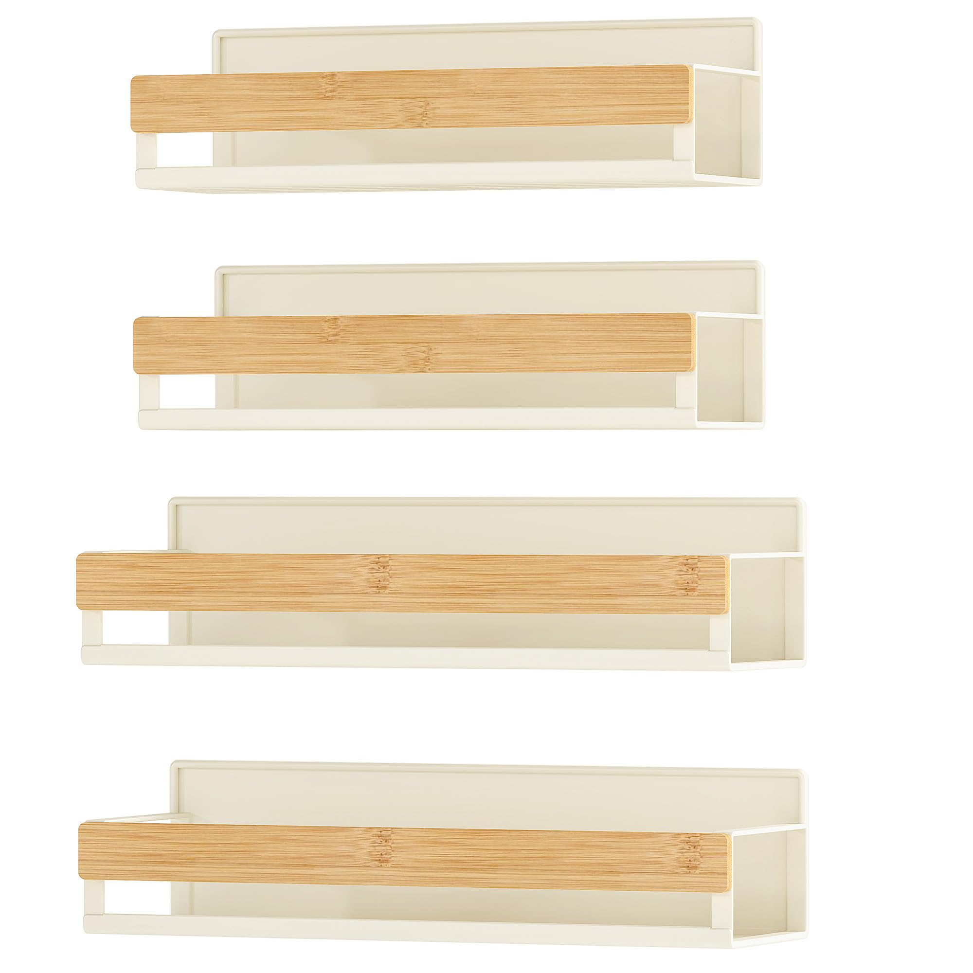 SONGMICS Magnetic Spice Racks, Set of 4, 2 Large and 2 Small Shelves, Spice Organisers, No Drilling Needed, Kitchen Shelf for Refrigerator, Microwave, Washing Machine, Bamboo, Cream White KCS062WD01