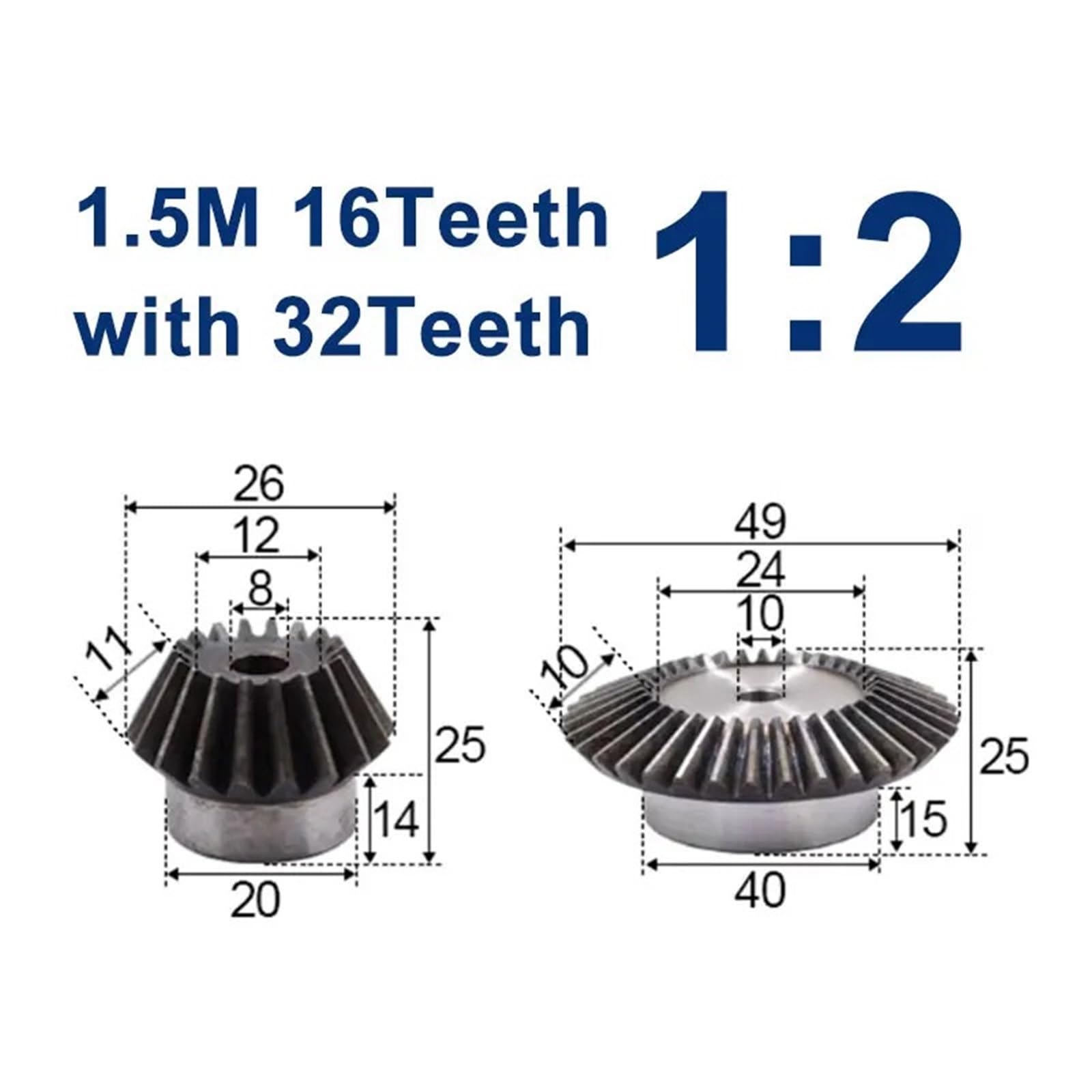 Denti ingranaggi conici 1 Set Ingranaggi conici 1:2 Modulo .5 16 Denti 32 denti Commutazione unità a 90 gradi in acciaio in(2pcs 1.5m 16t-32t)