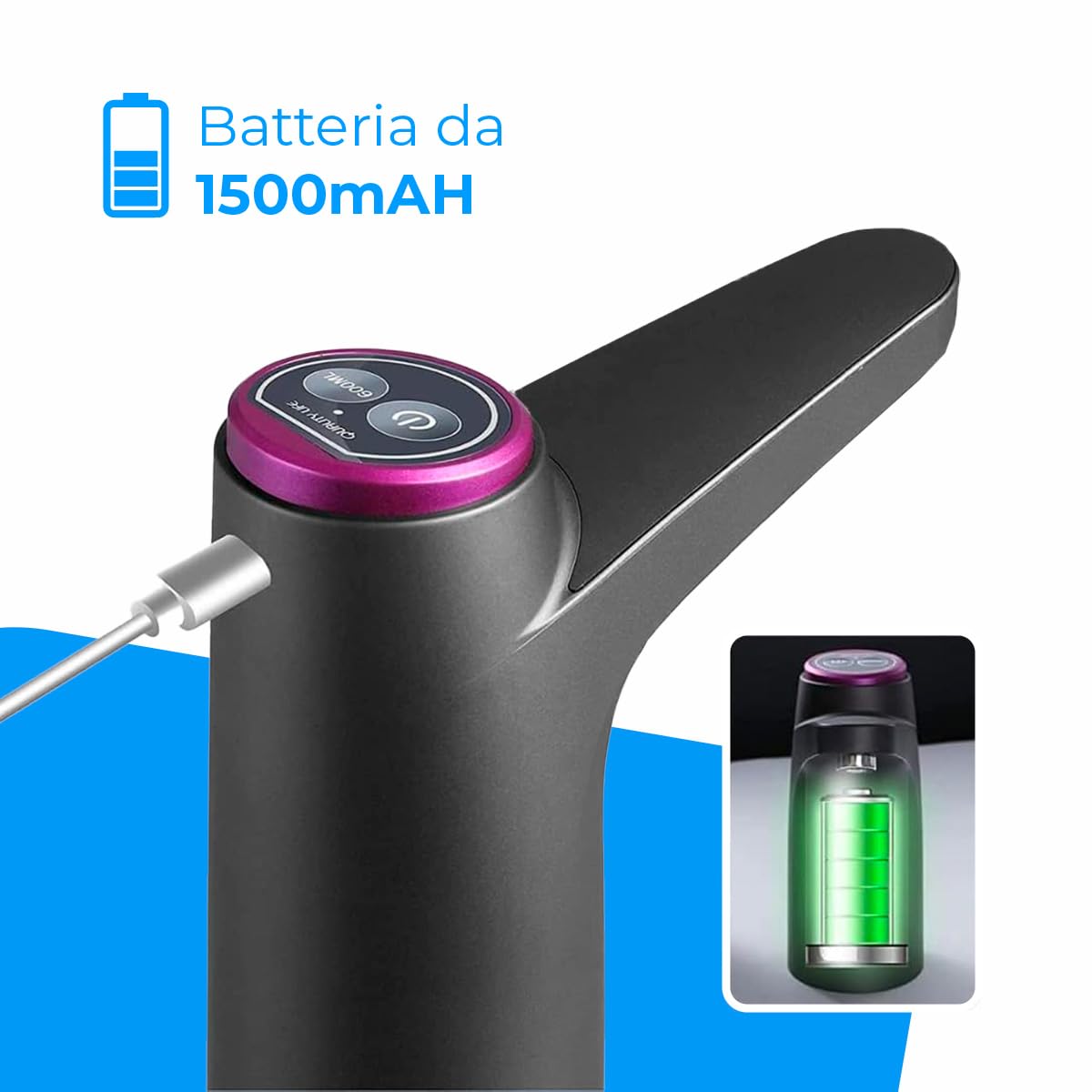 Distributore d'acqua NK - Indicatore LED, batteria ricaricabile USB da 1200 mAh, materiale in silicone, compatibile con da 4,5L 5L 7,5L 10L 11,3L 15L 18,9L - adattatore da 3,8 e 4,8cm - (nero)