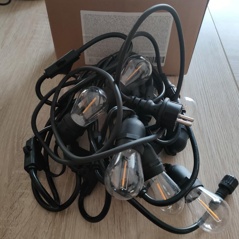 Luccika 5 Meter Lichterkette mit 10 klaren Birnen S14 LED warmweiß Vintage mit schwarzem Kabel verlängerbar für Außen und Innen IP44 (220 Volt mit Schukostecker)