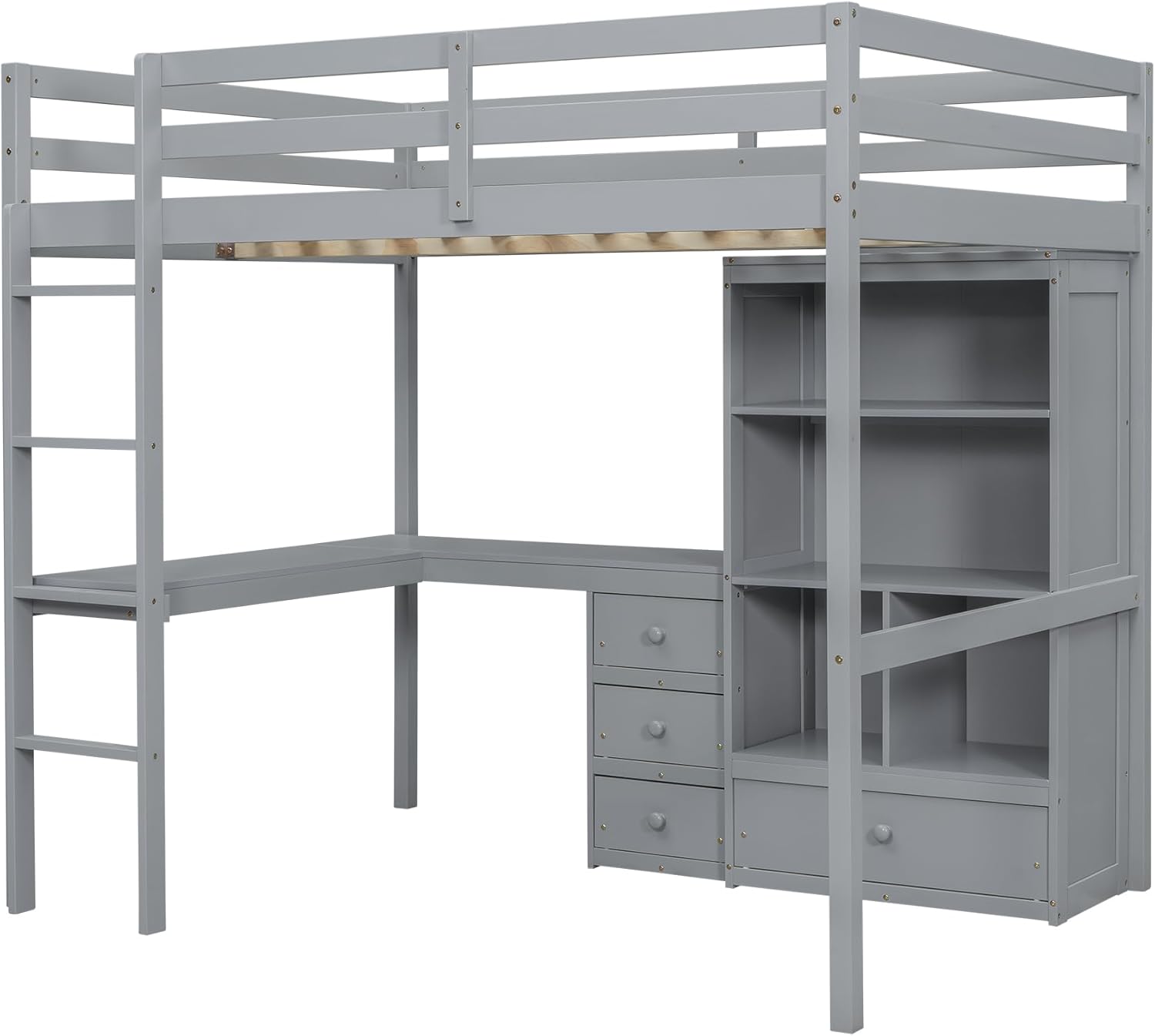 Full Size Loft Bed with Desk & Storage Shelves & Storage Drawers for Kids,Teens,Adults,High Loft Bed with Built-in Ladder & Guardrails,Space Saving,Gray