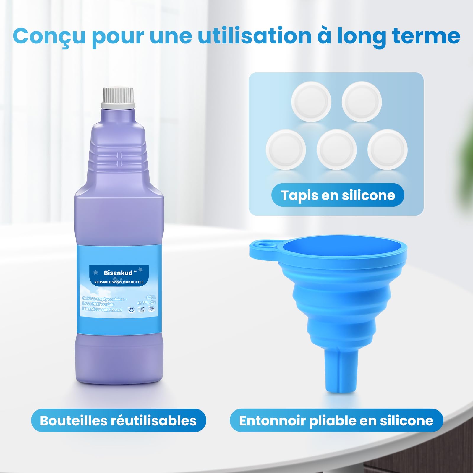 Bottiglia di ricarica riutilizzabile per Swiffer WetJet Kit Spray Mop, 1250 ml, include 1 bottiglia, 1 imbuto in silicone 5 guarnizioni, non contiene agenti detergenti