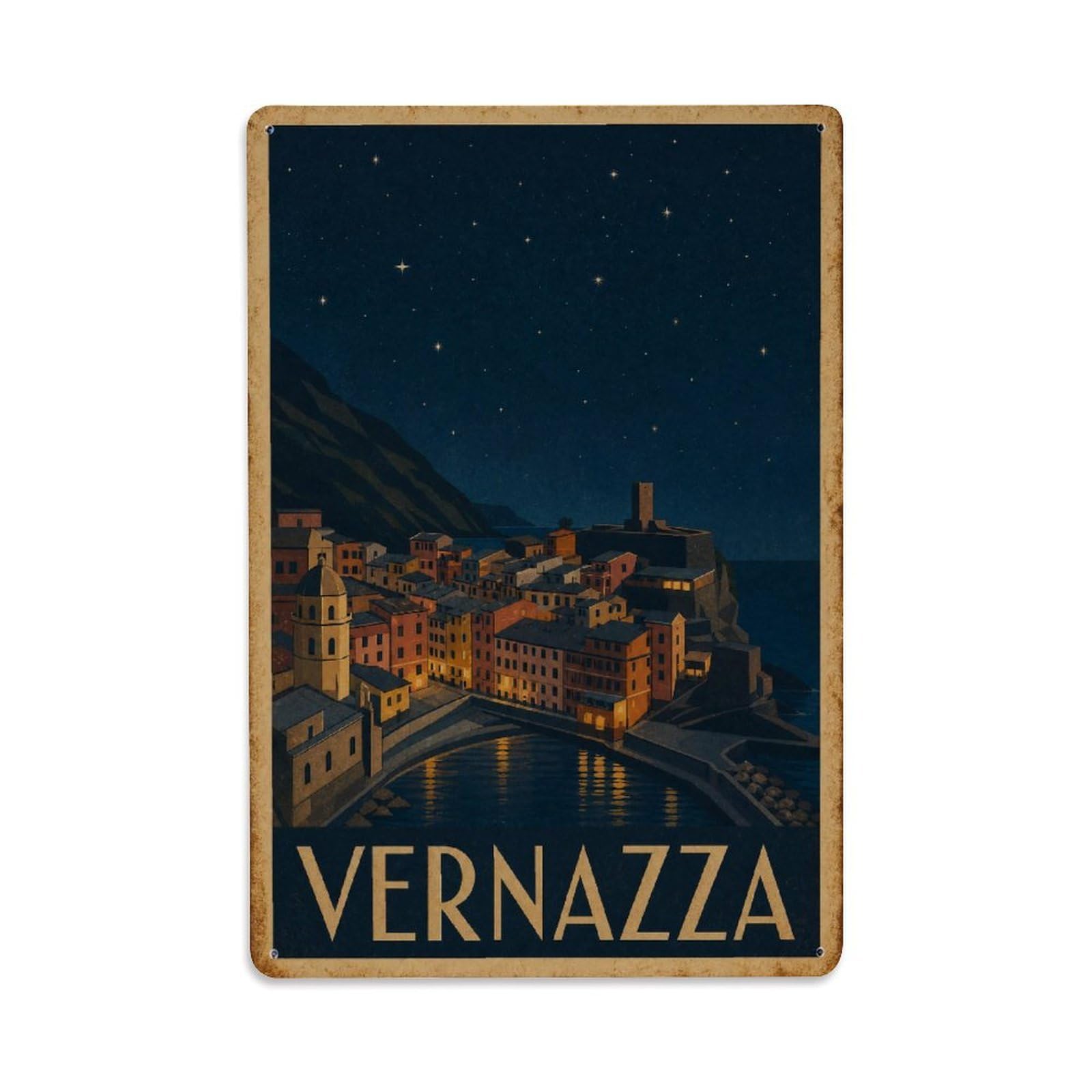 Huiyhb 8X12inch(20X30cm) Vintage Travel Vernazza Stars Night Sky Celestial Italy Metal Tin Sign