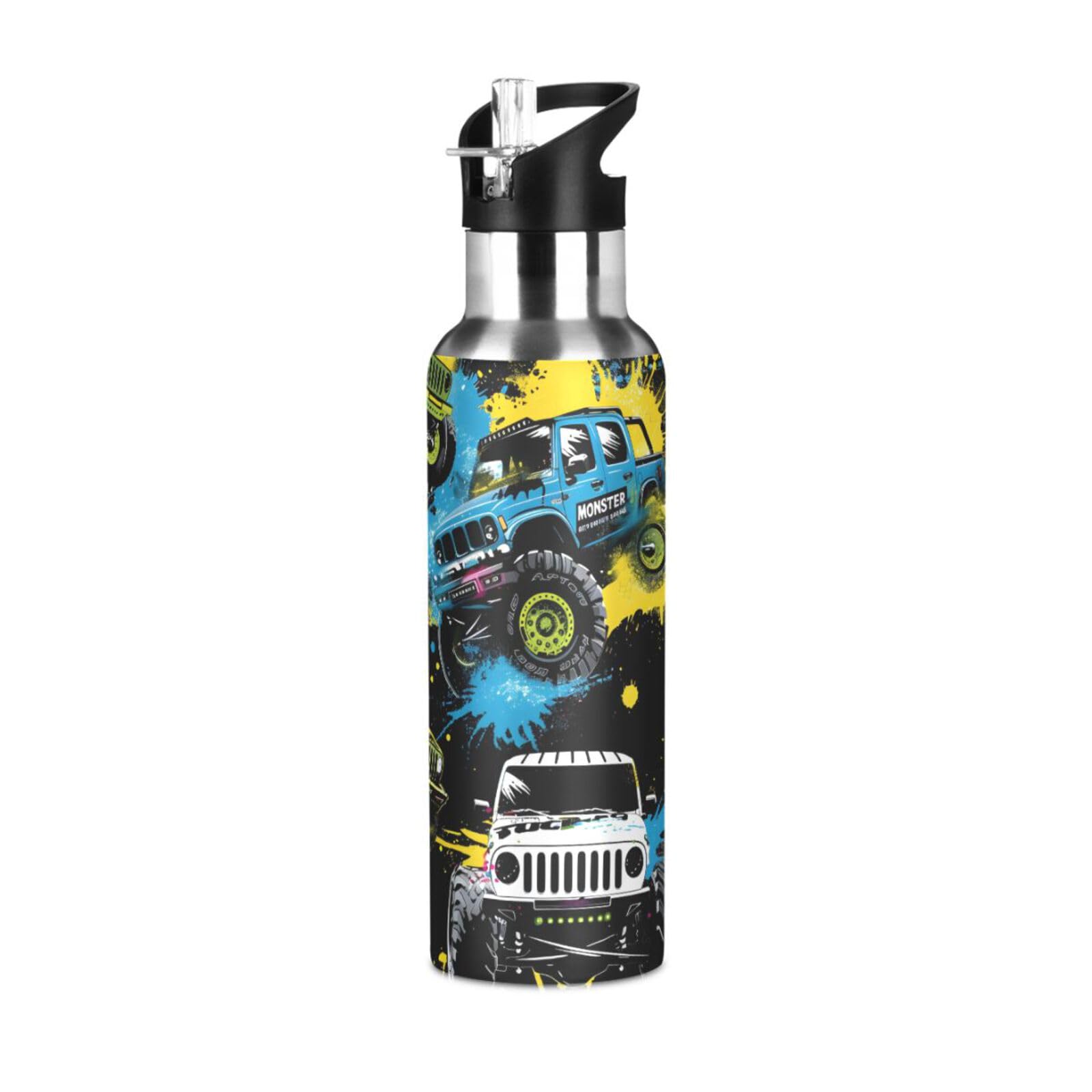 Trucks Water Bottle with Straw Lid Kids Insulated Stainless Steel Water Flask Sports, 20 Oz Hot Cold