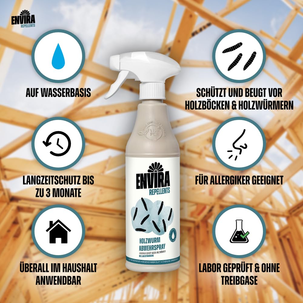 Envira Holzwurm Abwehrspray 5 Liter + 2L Sprüher - Spray mit Langzeitwirkung gegen Holzbock & Holzwurm - Mittel gegen Holzwürmer für innen - Effektives Holzwurmmittel & Holzwurmschutz