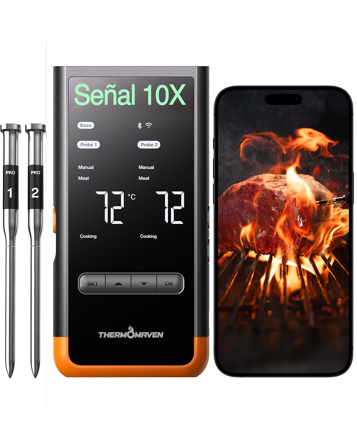 ThermoMaven G2 Termómetro de Carne Inalámbrico 2 Sondas y Base con Pantalla | Termómetro para Barbacoa con App WiFi, 6 Sensores NIST, Alcance Sub-1G de 915 m, con 2 Sondas para Parrilla, Ahumador y Horno