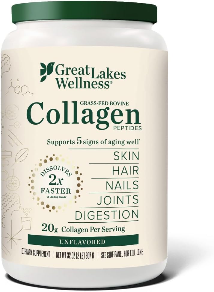 Great Lakes Wellness Bovine Collagen Peptides Powder for Skin, Hair, Nails, Joints & Digestion – Unflavored – Quick Dissolve Hydrolyzed, Non-GMO, Kosher – 32 oz Great Lakes Wellness Bovine Collagen Peptides Powder for Skin, Hair, Nails, Joints & Digestion – Unflavored – Quick Dissolve Hydrolyzed, Non-GMO, Kosher – 32 oz