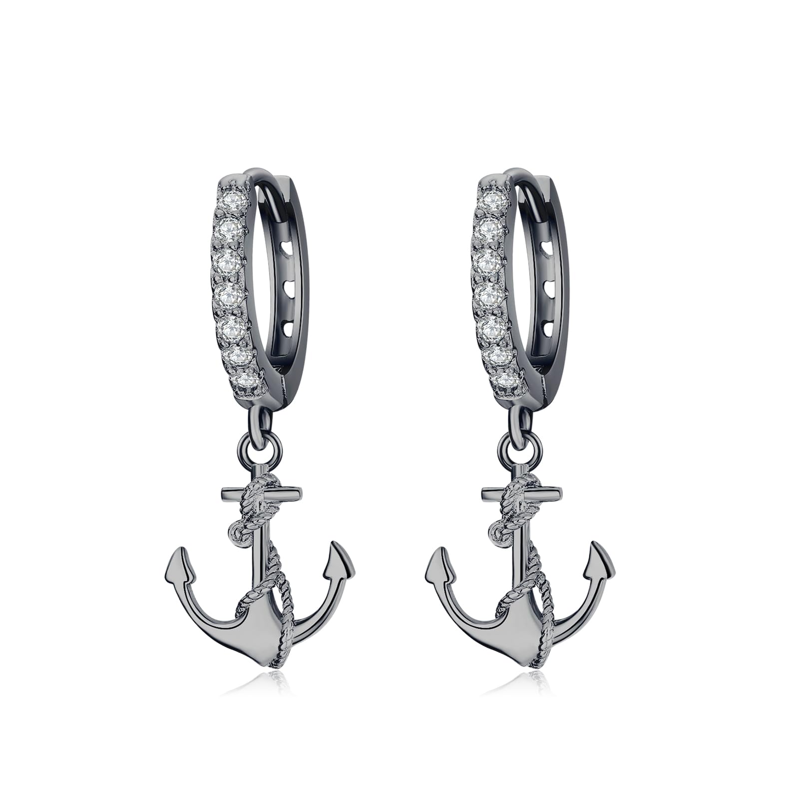 REDSUN Anker Creolen Ohrringe 925 Sterling Silber Minimalistische Huggie Schwarz Ohrhänger Damen Mädchen Unisex Anker Anhänger Hypoallergen Geschenk für Freundin Mutter Tochter Geburtstag
