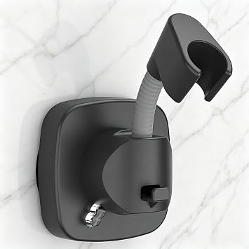 Suction Cup Shower Head Holder - Angle Adjustable Spring Arm, Flexible Wall Mount Shower Hose Holder, Removable Hand Held Shower Bracket with Vacuum Lock & Bonus Hook for Bathroom, Kitchen