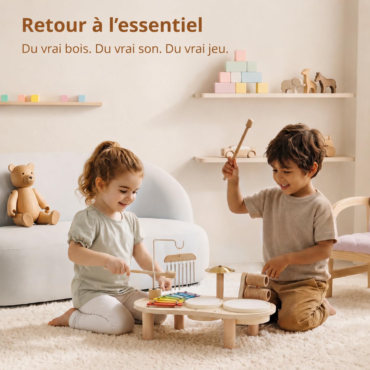 Instruments de Musique pour Enfants de 1 à 3 Ans, Batterie Montessori avec Tambour, Xylophone Et Percussions, Jouet Musical, Cadeau pour Filles Et Garçons