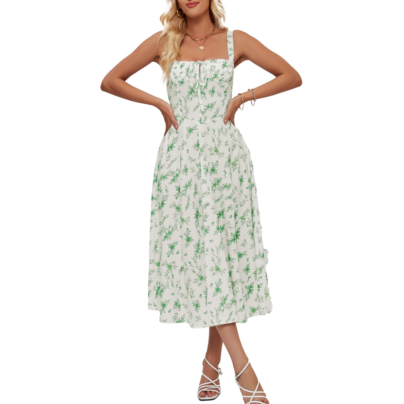 Womens Summer Dresses Midi Printed Dress Halter Side Slit High Waist Dress Sleeveless Lace Up Backless Sundress