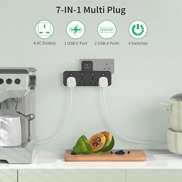 PASSUS Multi Plug Extension Socket 4 Way Plug Adapter with PD20W USB C Slot
