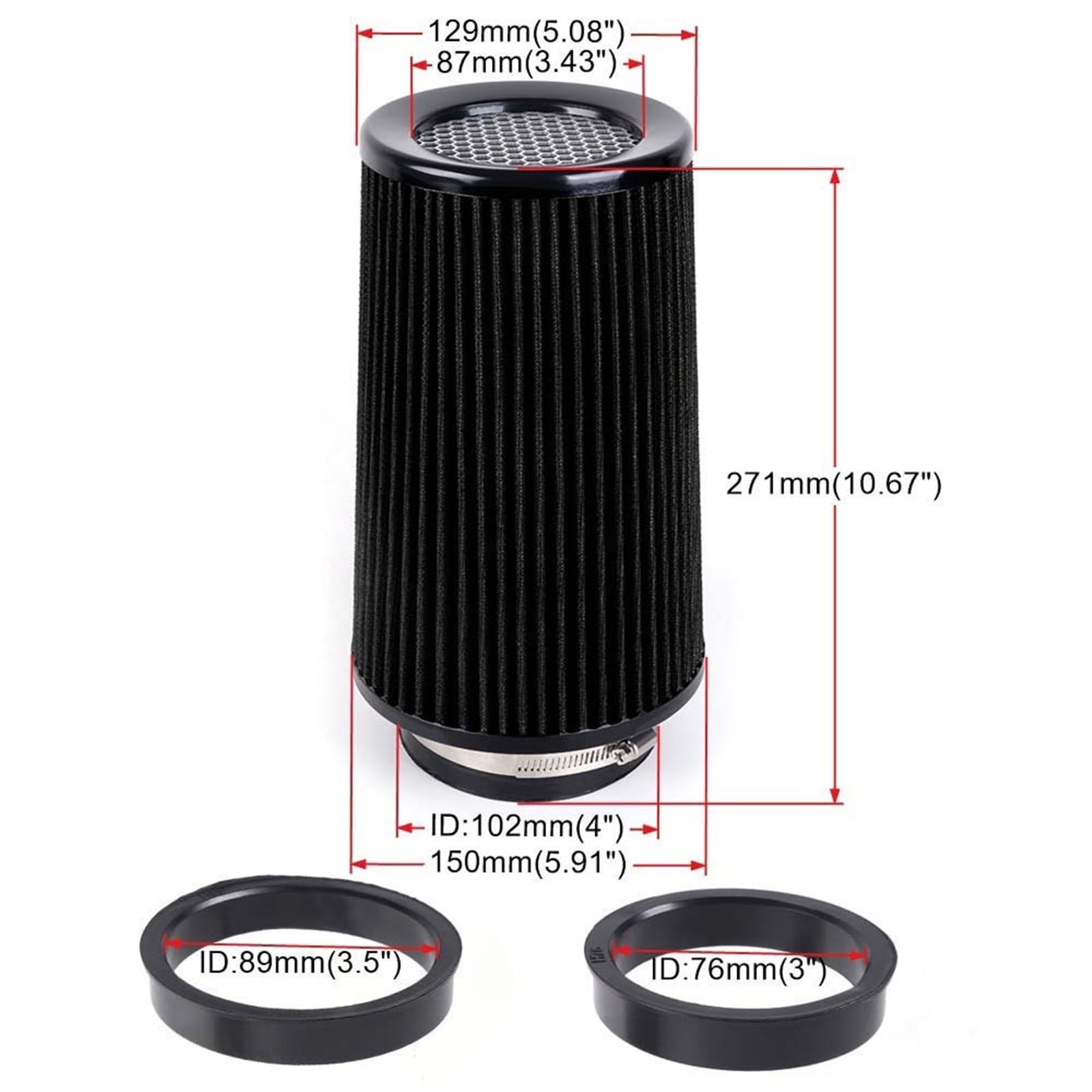 Kit filtri auto Filtro aria di aspirazione fredda ad alto flusso per auto da corsa RASTP-3", 3,5", 4", tre misure, filtri conici lavabili, altezza Filtro aria condizionata(Red)