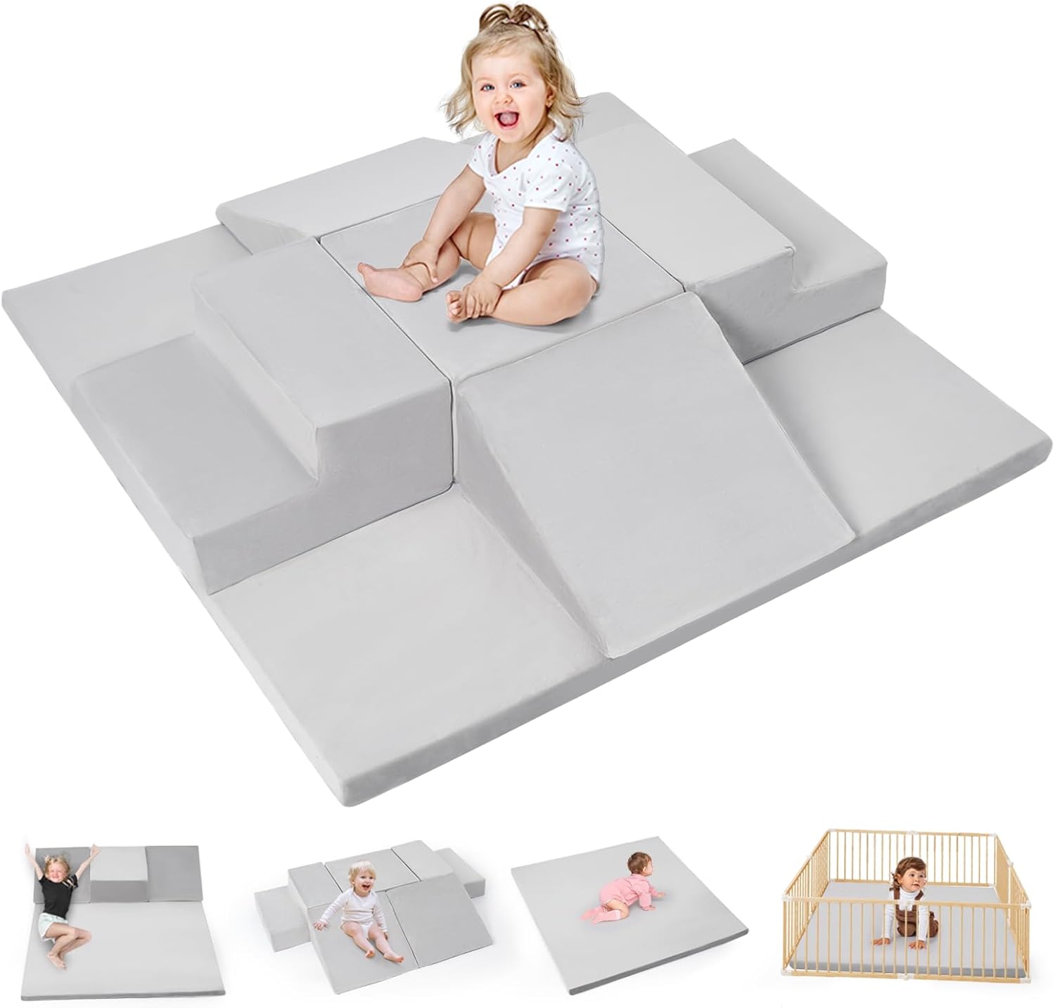 6-Piece Foam Climbing Blocks for Toddlers, Climb and Crawl Soft Foam Play Set with 47x47 Inch Baby Play Mat for Floor, Machine Washable Cover, Soft Climbing Toys for Toddlers 1-3 (Gray) 6 Pieces-with 47x47 Play Mat