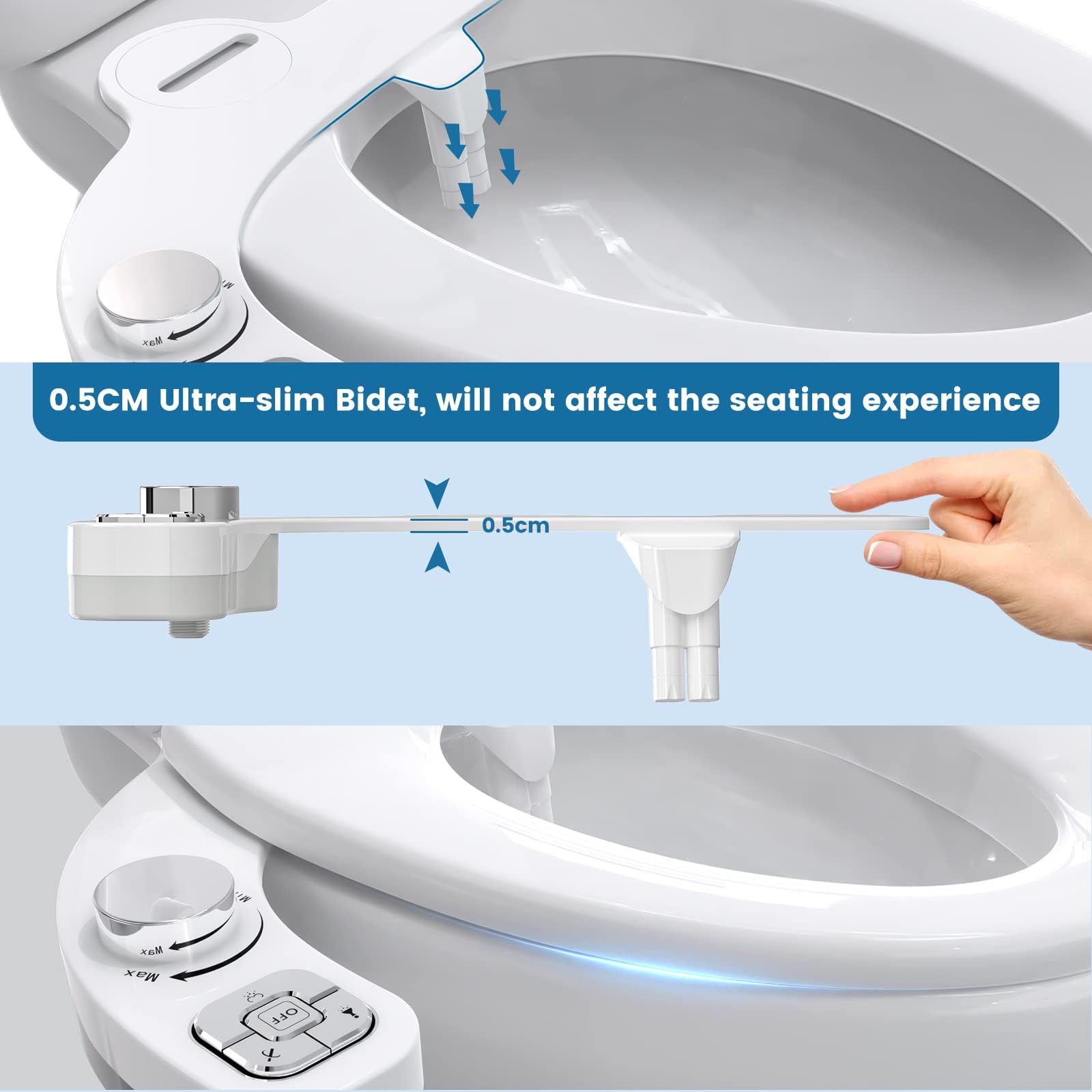 Nakładka bidetowa do toalety, nieelektryczna, smukły przycisk, bidet WC, chowane, samoczyszczące się podwójne dysze i pokrętło do regulacji ciśnienia wody (srebrna)