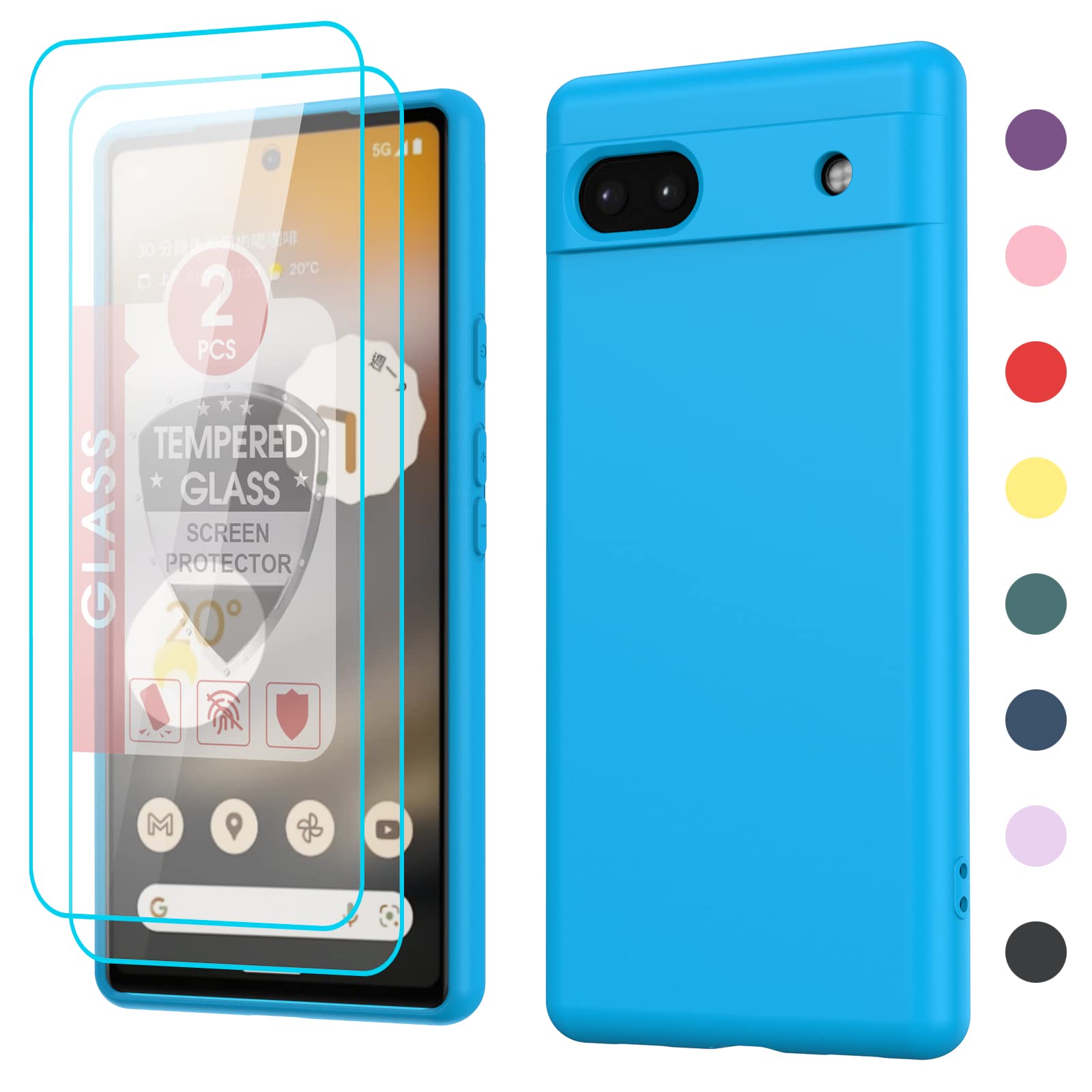 LeYi for Case Pixel 6A: Pixel 6A Case with [2 Pack] Tempered Glass Screen Protector Liquid Silicone Soft Microfiber Liner Cover Case for Pixel 6A Phone, Sky Blue