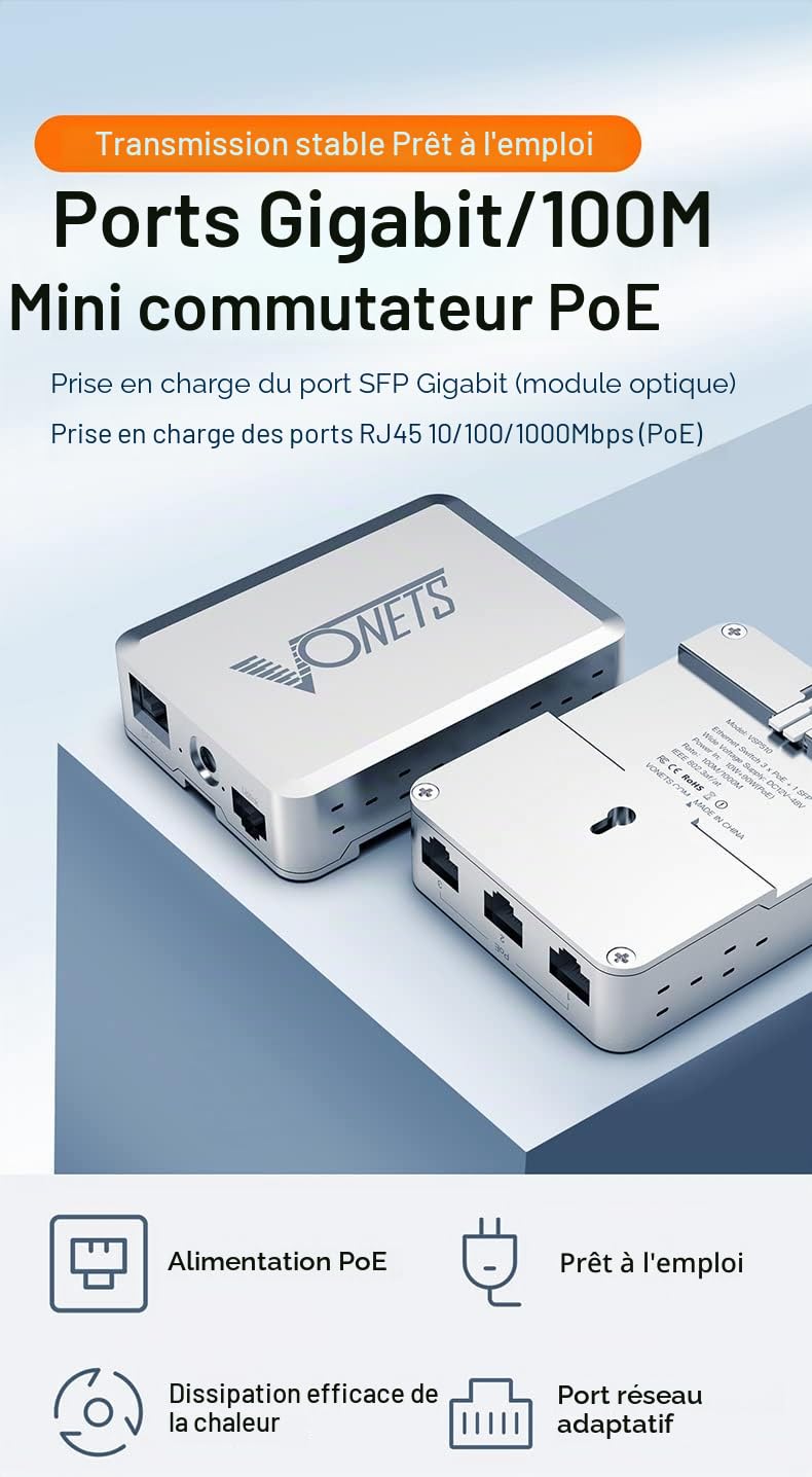 VONETS PoE Gigabit Ethernet Réseau Switch RJ45 Splitter Extender 10/100/1000M 3PoE +1 SFP+1 Liaison montante 5 ports Métal Universel