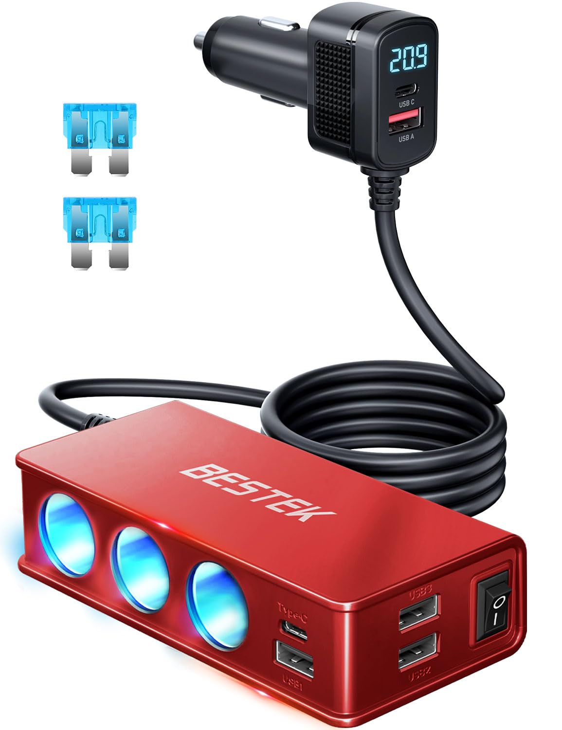 BESTEK 148W Cigarette Lighter Splitter 9 in 1 Cigarette Lighter Adapter with 3-Socket PD 30W and QC3.0 18W Charging Ports LED Display Super Fast Charger for Dash Cam, GPS, iPad/Laptop/Phone(Red)