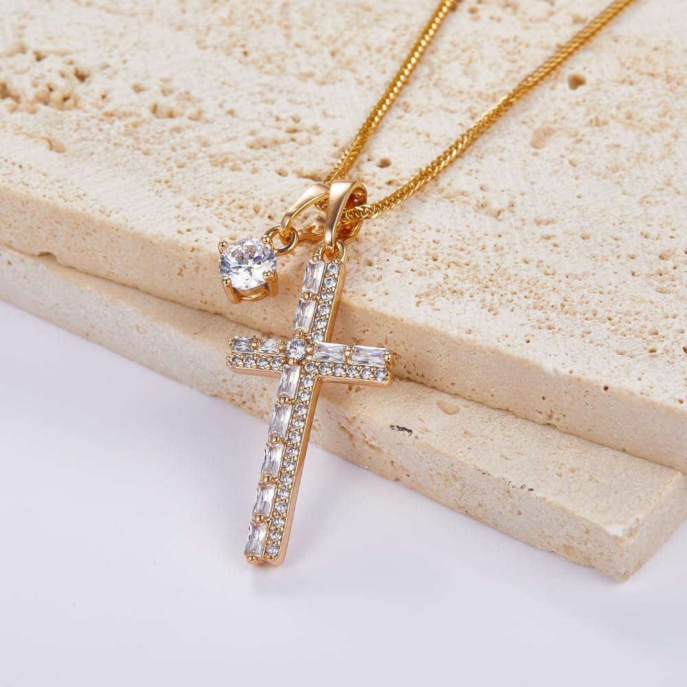 JIM'S SXP Elegant 18K Gold Plated Cross Pendant Necklace, Dainty Crystal Cubic Zirconia, Religious Fashion Jewelry for Women (Rectangle and Round CZ) - Image 2
