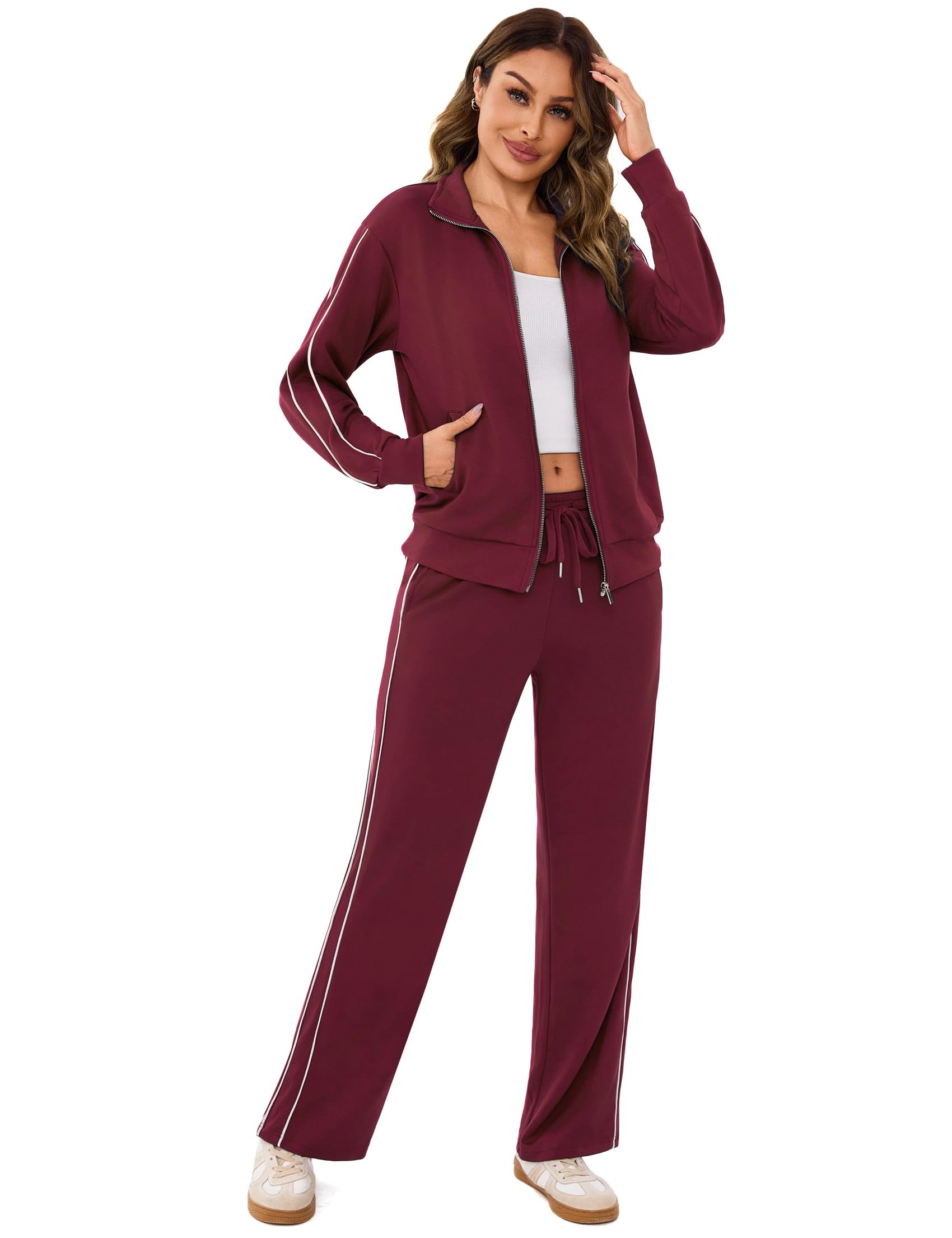 Terecey Damski dres do joggingu, streatwear, nowoczesny, elegancki dres sportowy, strój rekreacyjny, z długim rękawem, kurtka z zamkiem błyskawicznym i szerokimi nogawkami, spodnie sportowe ze