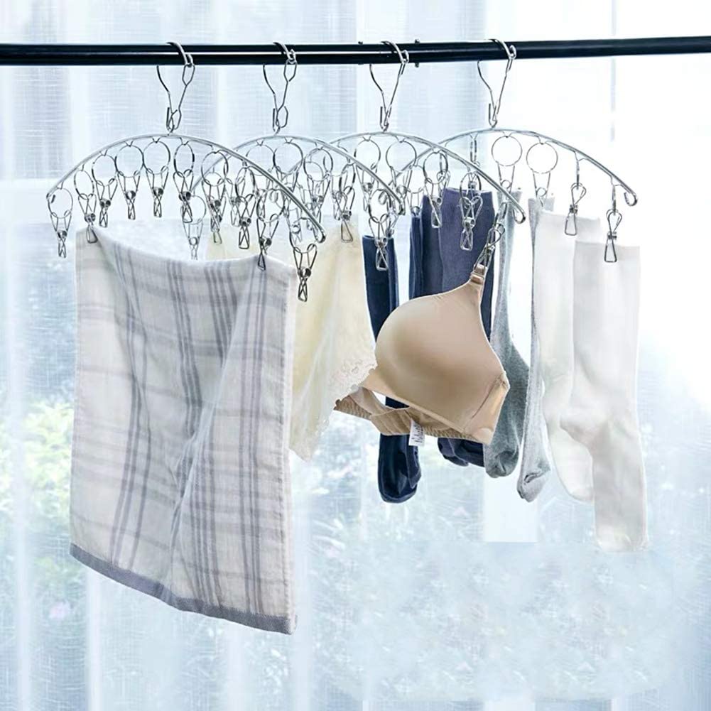 Paquete de 10 perchas de secado de ropa con 10 clips, colgadores de secado de ropa de acero inoxidable para calcetines, clip resistente al viento y colgador de goteo para secar calcetines, 6