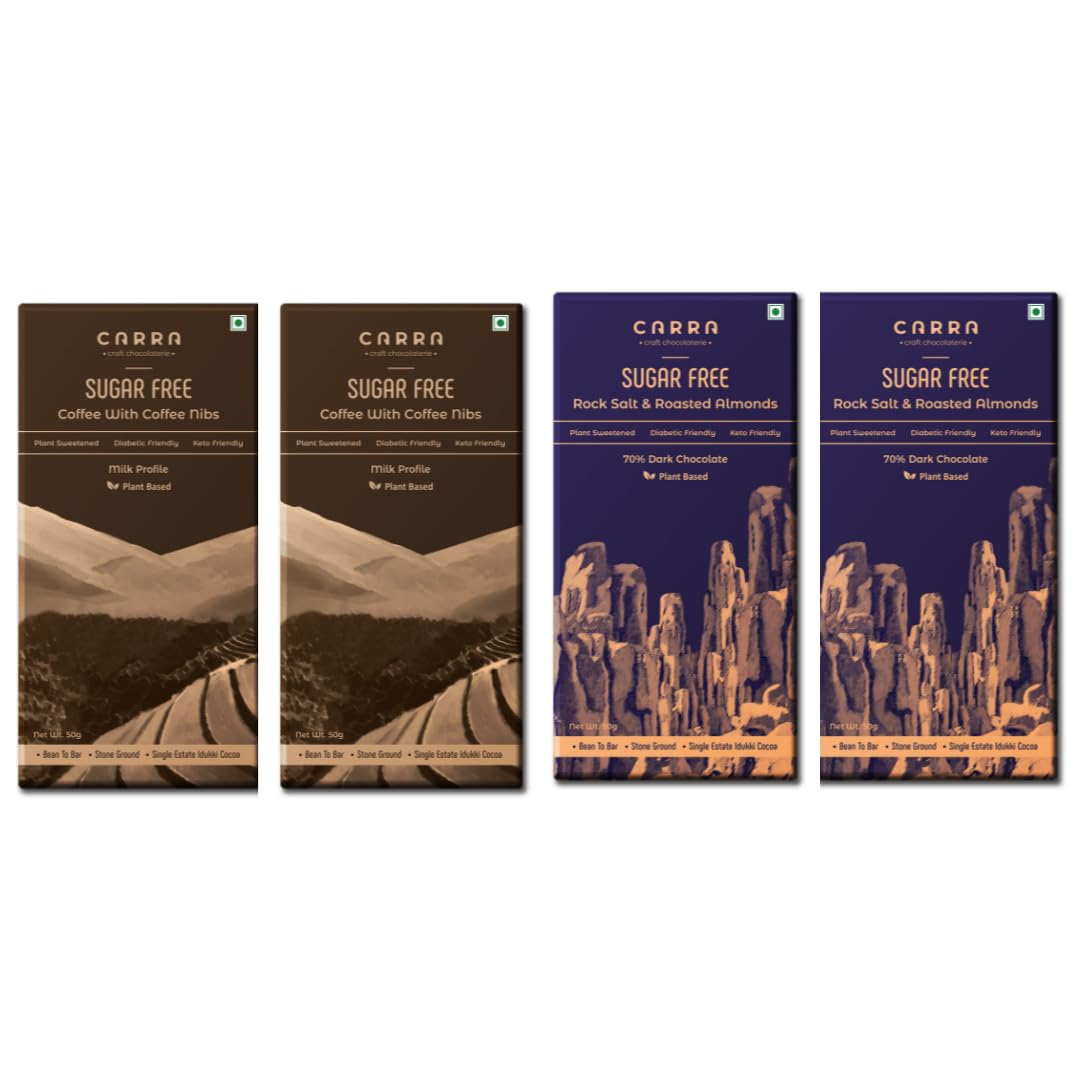 CARRA Sugar Free Chocolate Combo, Pack of 4 bars, 2 flavors each- Rock Salt & Roasted Almonds and Coffee with coffee nibs, sweetened with Monk Fruit