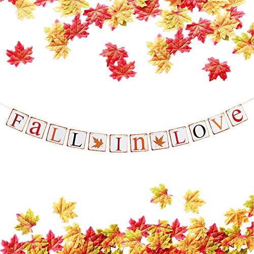 TMYSP FALL IN LOVE Bunting Banner with 150pcs Mixture Artificial Fall Maple Leaves for Proposal Wedding Anniversary Engagement Valentines Day Prom Shower Thanksgiving Party Decor