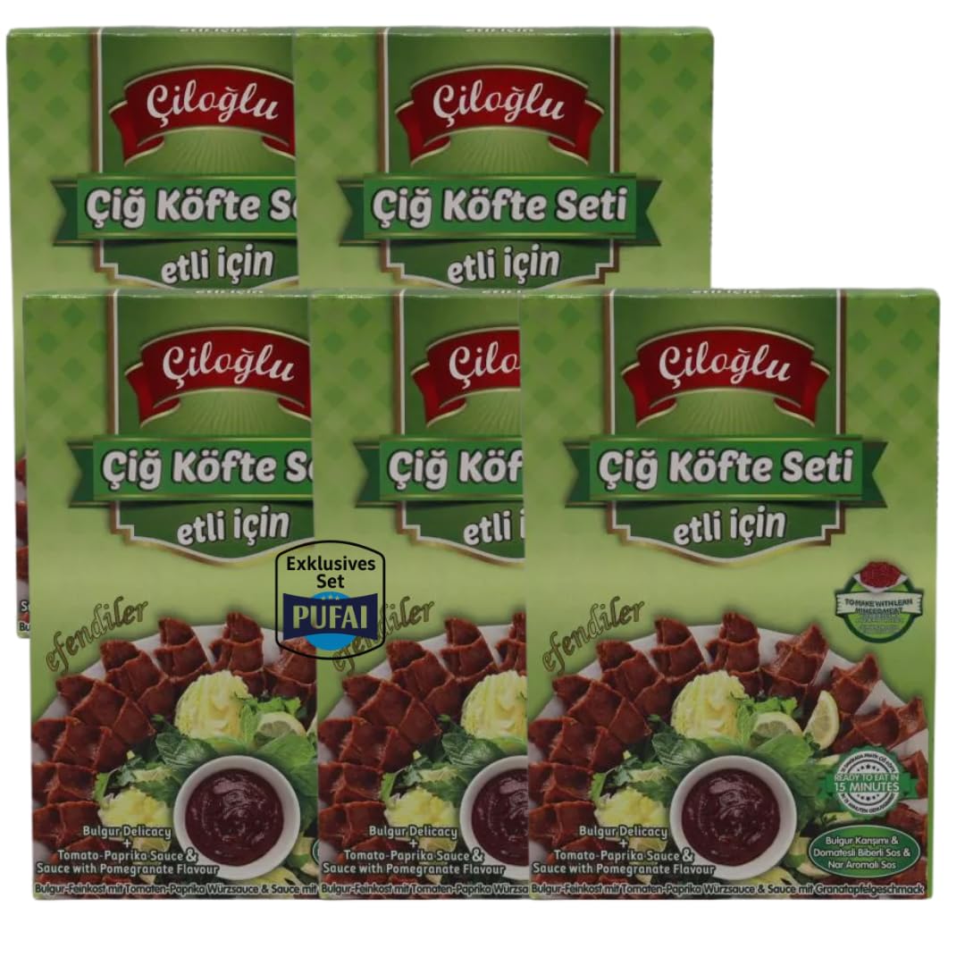 PUFAI Çiğköfte-Set für Fleischzubereitung 500 g 5er Pack Bulgur-Mischung & Würzsaucen