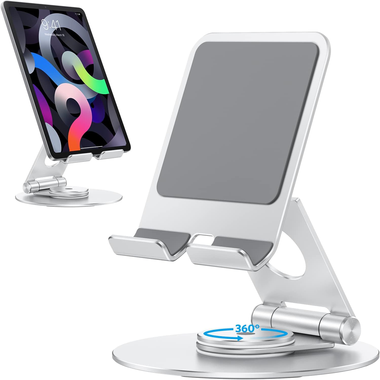 OMOTON Tablet Stand, iPad Stand Holder - ALUMINIUM 360°Rotate Foldable Stand Dock for Desk Compatible with iPad Air/Mini 2 3 4 5 6, iPad Pro 10.5, 11, 12.9, Kindle, Samsung Tab 4-12.9", Silver