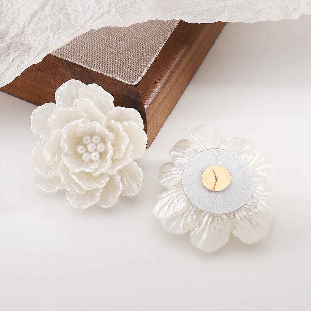 Dainty Large White Shell Pearl Flower Stud Earrings for Women, Vintage Boho Acrylic Big Camellia Floral Earring Fashion Statement Party Jewelry Gifts - Image 9