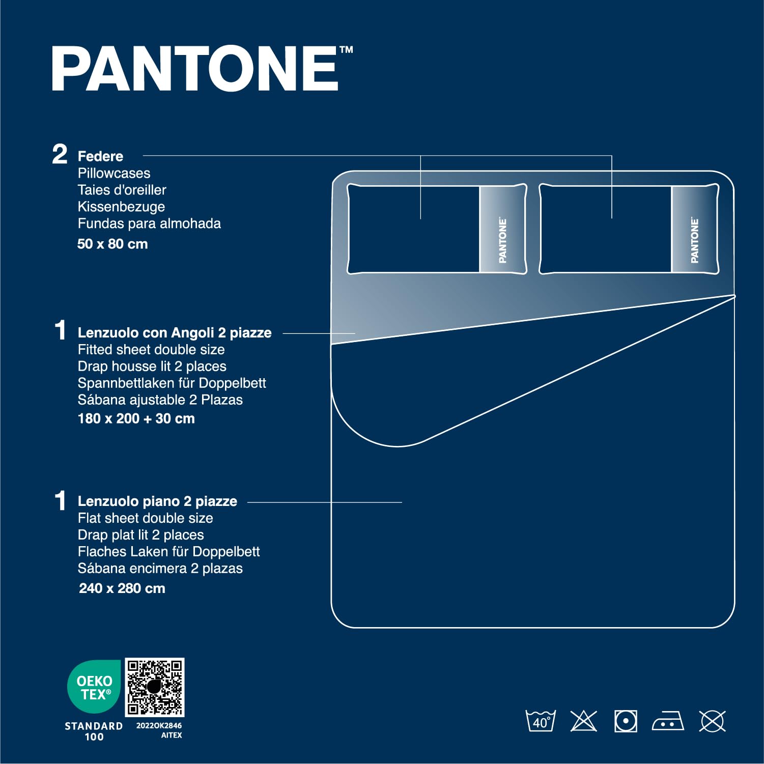 PANTONE - Completo Letto Set con Lenzuola Matrimoniali Cotone 240x280 + Lenzuolo Sotto con Angoli Matrimoniale Coprimaterasso 180x200 con Elastici per Materasso Fino 30cm + Federe Cuscino Letto 50x80