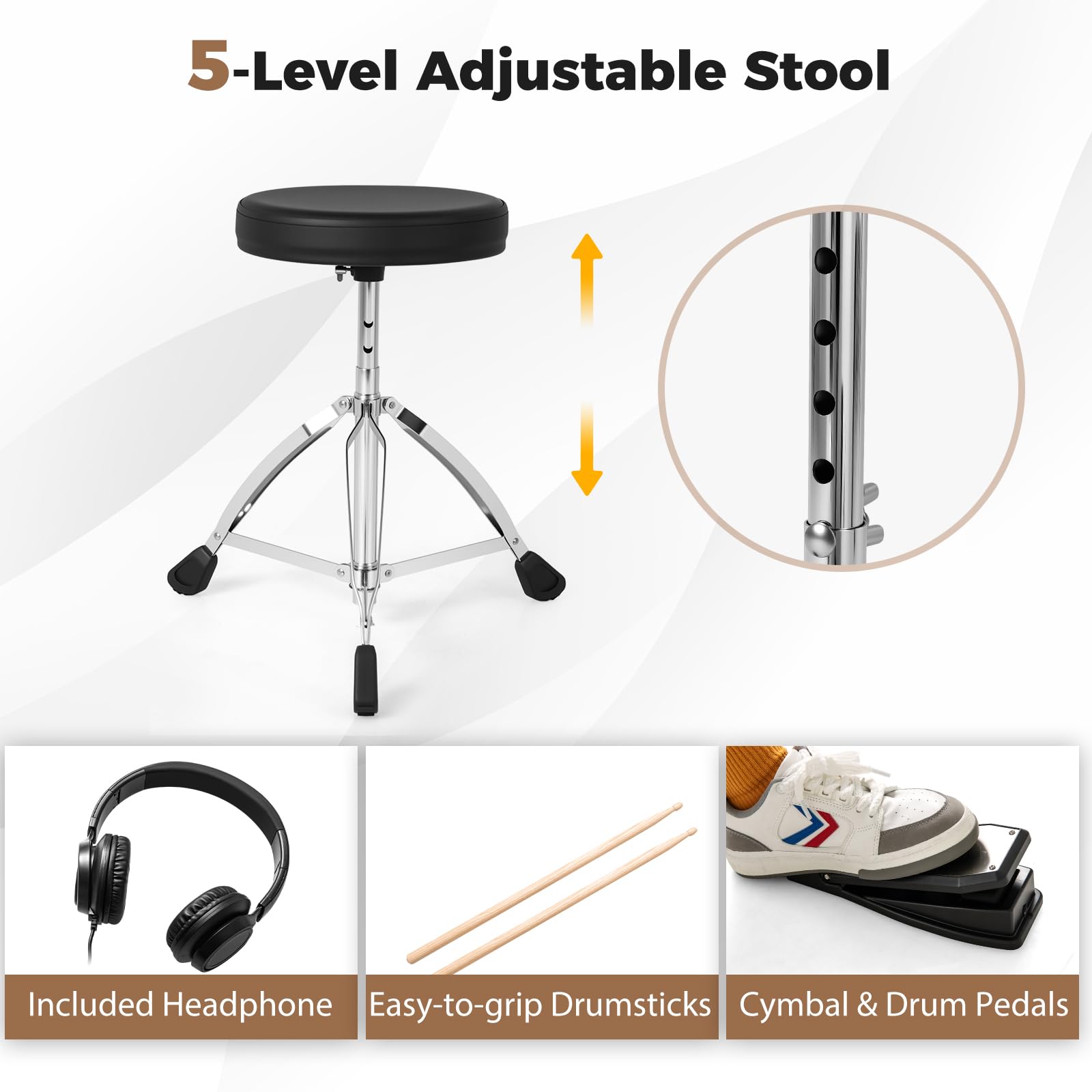KOMFOTTEU Batteria elettronica con pad, batteria musicale con 150 suoni, 10 dimostrazioni, piatti da 24 cm, strumento musicale con sgabello regolabile, pedali, bacchette e auricolari, USB MIDI