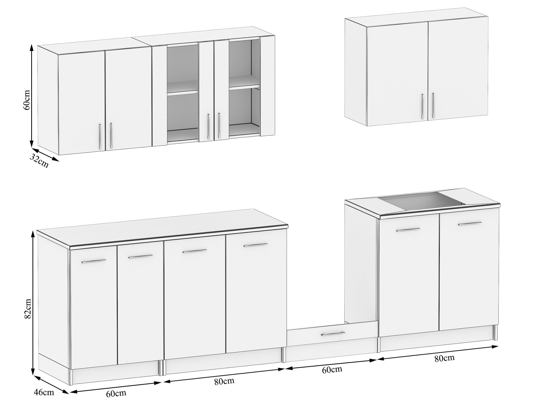 Moderne Küchenzeile ohne Elektrogeräte in Beton – Einbauküche mit viel Stauraum – Erweiterbares 2,8-m-Set inkl. Arbeitsplatten in Beton – 280 x 82 x 46 cm (B/H/T)