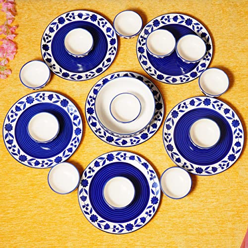 Image of Freakway Floral Hand-Painted Ceramic Dinner Set of 19 Pieces Including (10 Inch) 6 Stoneware Dinner Plates, 12 Serving Bowls (180 Ml) with 1 Large Bowl | Microwave & Dishwasher Safe - Royal Blue