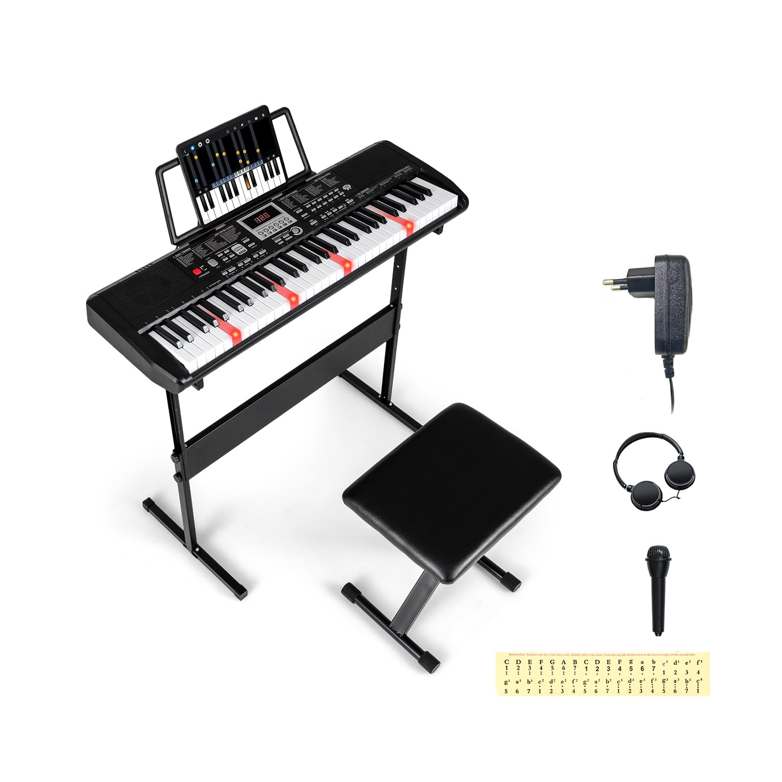 COSTWAY Tastiera Pianoforte a 61 Tasti, Set Tastiera Elettrica con Supporto Regolabile e Sgabello, 200 Ritmi & 200 Toni, 70 Demo, Adesivi per Note, Strumento Musicale per Principianti e Adolescenti