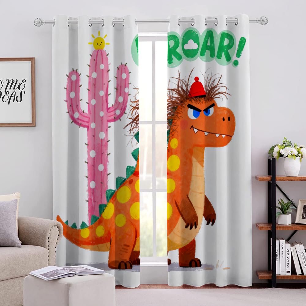 Dinosaure Salon Rideaux Occultants, Cactus Enfants Panneaux de Rideaux intérieurs, Thème pour Enfants Draperies, Dinosaure de Dessin animé Chambre Décoration Fenêtre L132 x H240cm x2