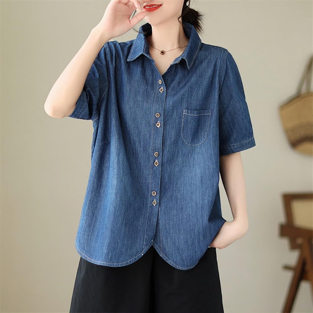 2024 Femmes Poids Léger Manche Courte Denim Chemise Hauts Été Mode Revers Boutonné Occasionnel Ample Fluide Blouse