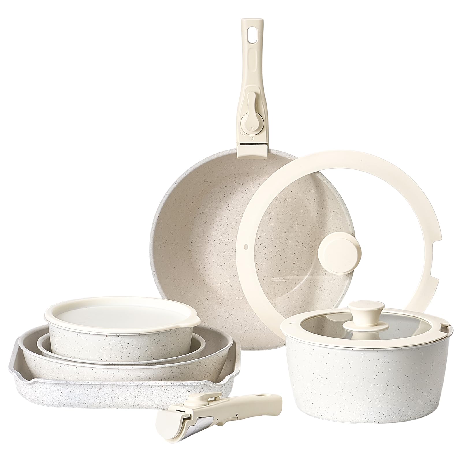 VEVOR Pentole e Padelle Antiaderenti, con Manico Staccabile, Set di Pentole a Induzione da Cucina per Camper, con Frittura, Coperchi in Vetro Temperato, Adatti Forno, Bianco 17 Pezzi