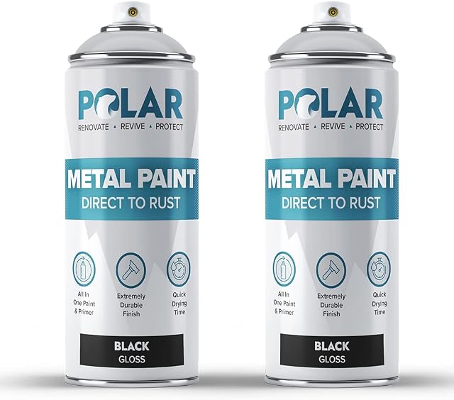 Polar Direct to Rust Gloss Black Metal Spray Paint - 2 x 400ml - Perfect for Metal, Wood, Furniture, Rust - Outdoor & Indoor Surfaces - Easy to Apply - 3 in 1 Primer, Undercoat & Topcoat