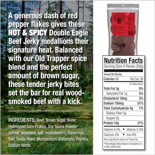 Image of Old Trapper Double Eagle Beef Jerky, Hot & Spicy Flavor, 21 Ounce Package, Natural Wood Smoked Meat Snacks, 10 Grams of Protein and 80 Calories per Serving (Pack of One)