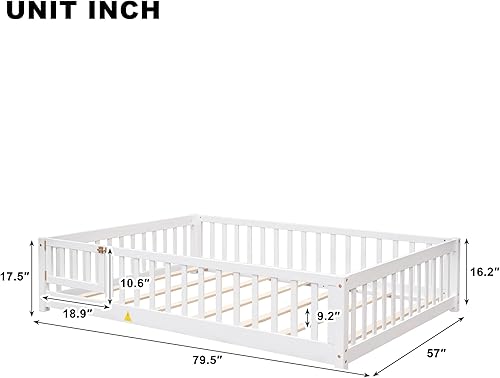 Miniatura 27 de Cama de plataforma de suelo de tamaño individual con valla, cama de madera para niños, cama de cerca para niños con puerta, no necesita somier
