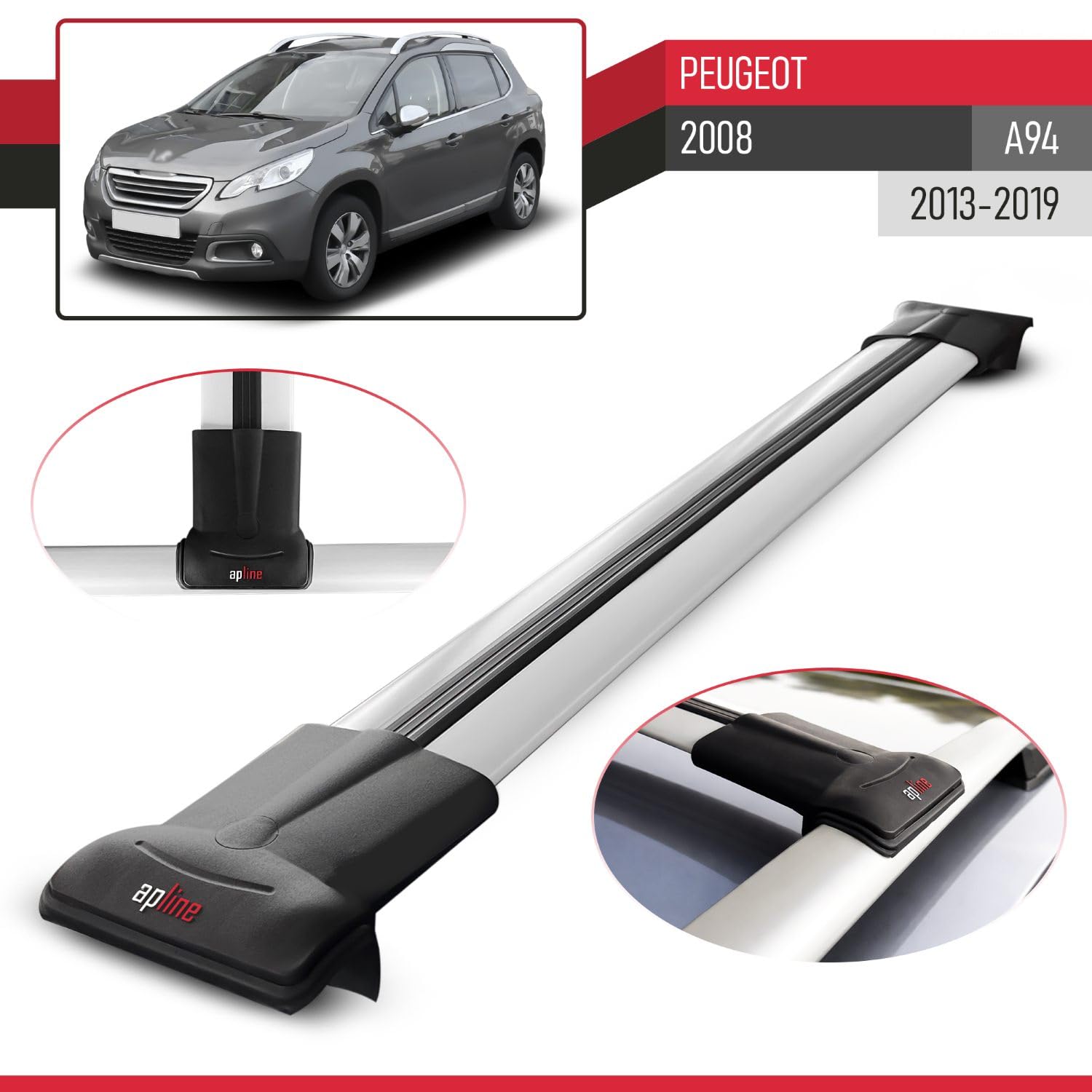 Compatibile con Peugeot 2008 (A94) 2013-2019 Modello FLY Barre Tetto Portapacchi Auto Barre Portatutto Grigio Alluminio 2 Barre