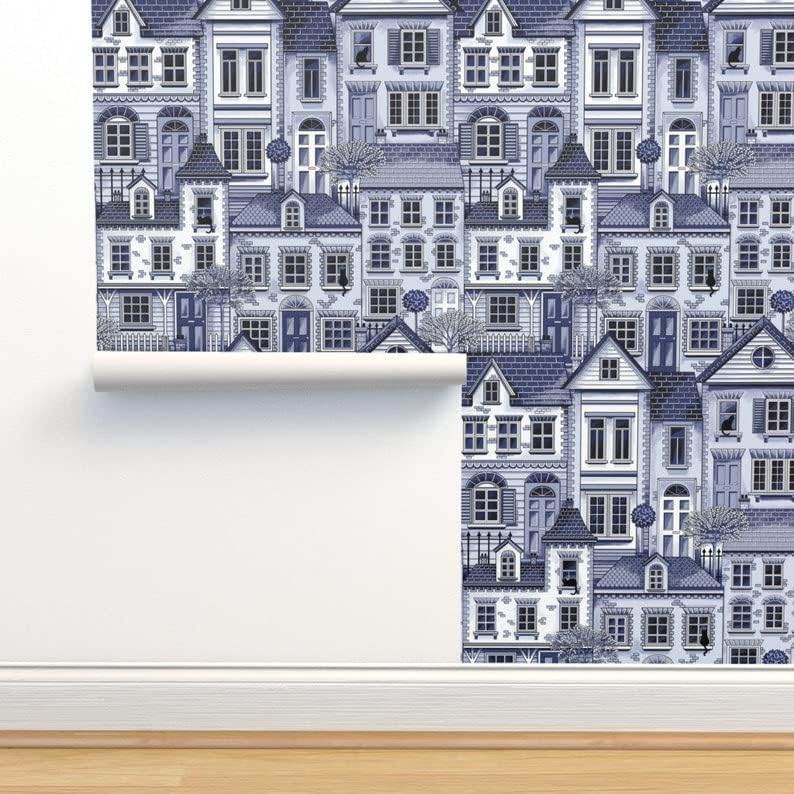 Papel tapiz de casa de ciudad - Town House Toile Blue BTL - Rollo de papel tapiz autoadhesivo extraíble impreso personalizado tejido pelar y pegar