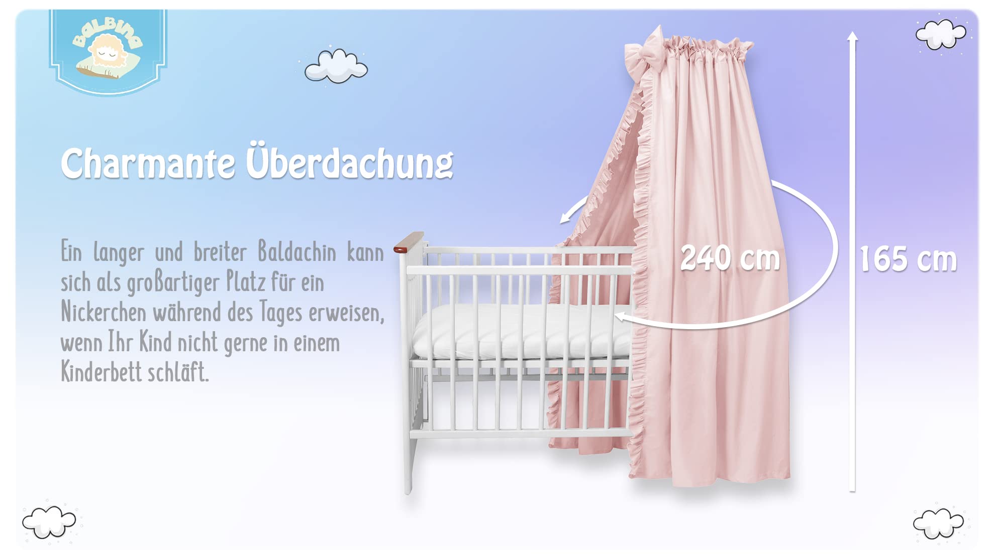 balbina Canopy 100% algodón, Juego Decoración Habitación Niña Niño, Dosel Cama Volantes Lazo, Mosquitera Cortina Opaca 240 x 165 cm, Rosa Pálido