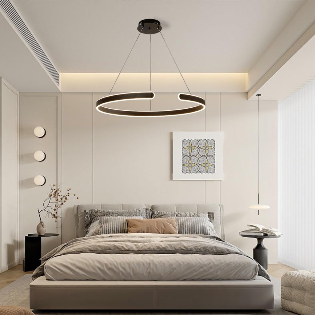 Nordic Nowoczesny Styl Lampa Wisząca Z LED Kształt Pierścienia Regulowana Temperatura Koloru I Jasność Żyrandol Salonu Z Sypialnią Światło Minimalistyczna Restauracja Lampa Wiosenna(Black,80cm)