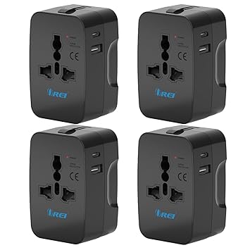 OREI Universal Travel Adapter with Type C - 3 in 1 International Travel Adapter - Universal Charger with 1 USB-A, 1 USB-C (2.4A Each) and Universal Output Socket CE & FCC Certified 4 Pack