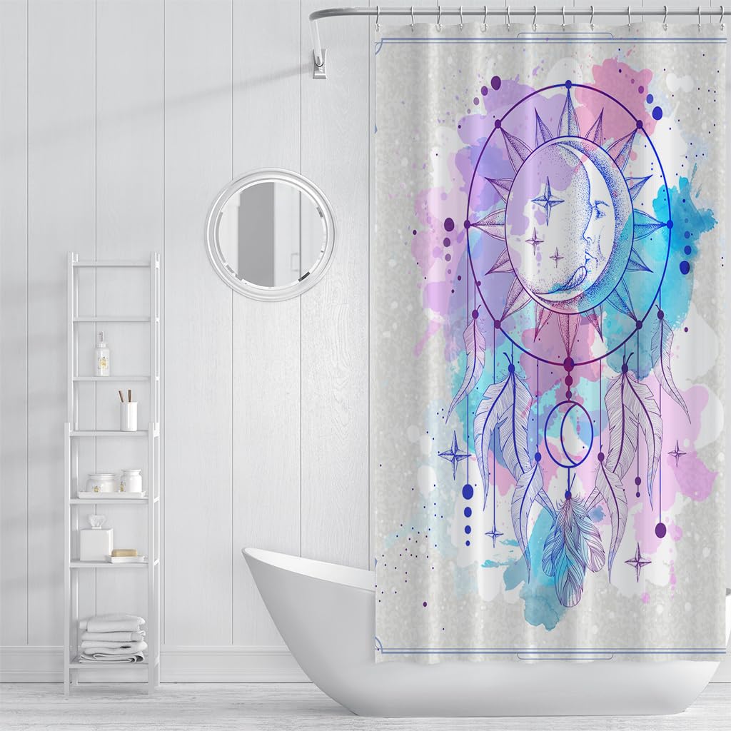 Cortina de Ducha 200 x 200 cm Dreamcurtain, Diseño de Acuarela Azul y Morado con Estampado Floral, Estilo Bohemio, Tela de Poliéster Impermeable para Baño, Bañera, decoración de Habitaciones Hú