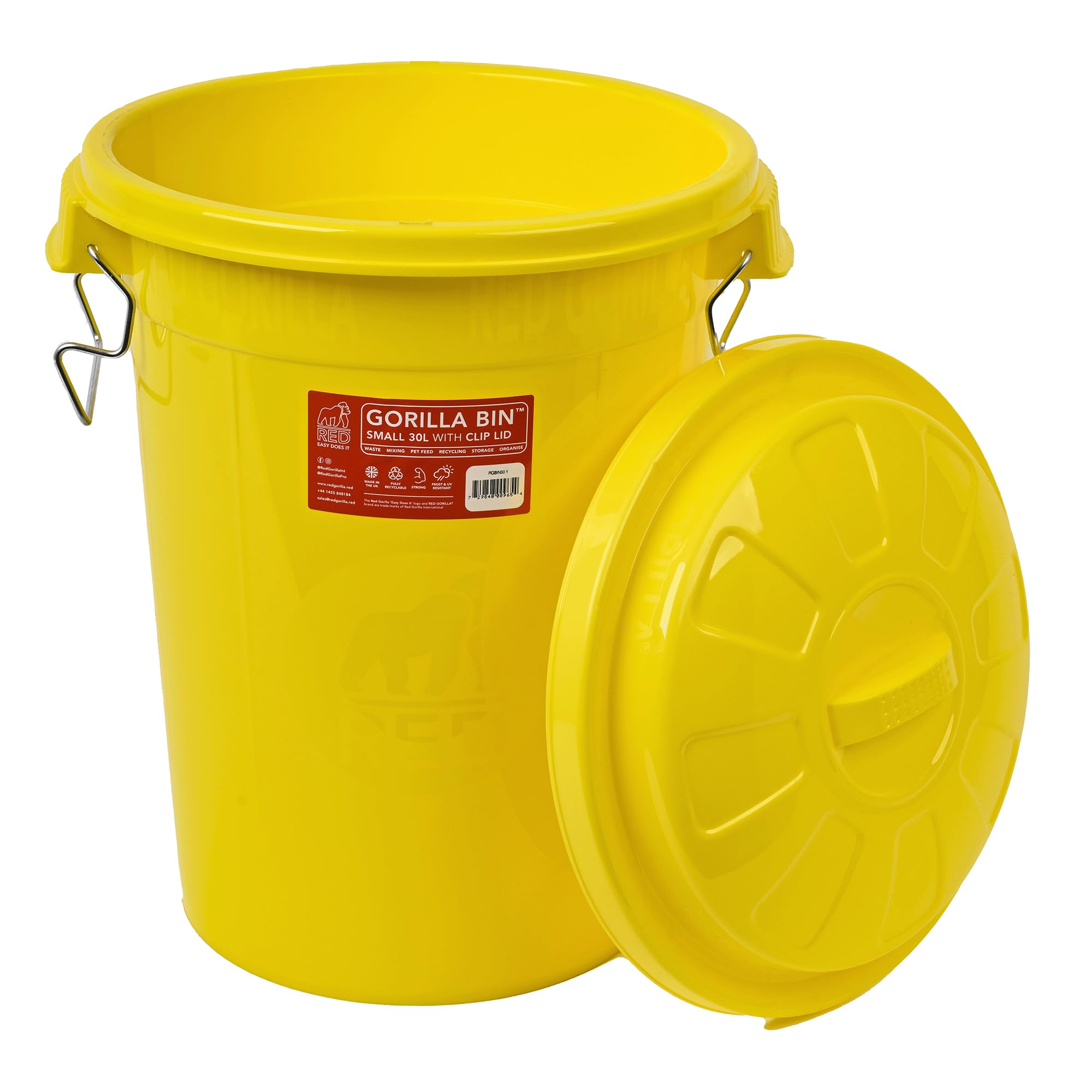 Red Gorilla Bin 30 Litre with Clip Lid Yellow Stackable Storage Plastic Lightweight Weather Resistant Frost Proof for Indoor Outdoor Waterproof Waste Bin for Garden Garage Kitchen Home Recycling